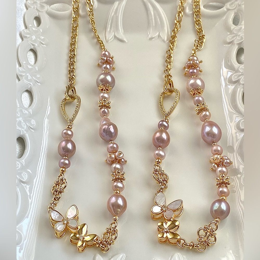 N127-Handmade Pink Edison & Freshwater Pearl Mother Of Pearl Butterfly anrcklace